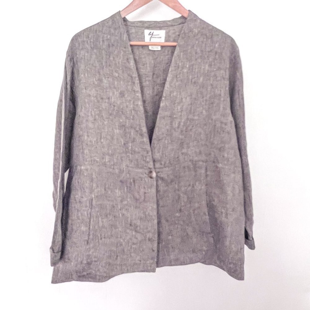 AJ Andrea Jovine Linen One-Button Easy Linen Pocket Jacket in Beige Size Large